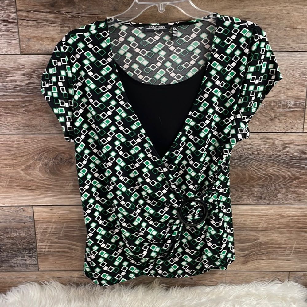 Notations Ladies Blouse Green,Black & White Abstract Design, Petite Large